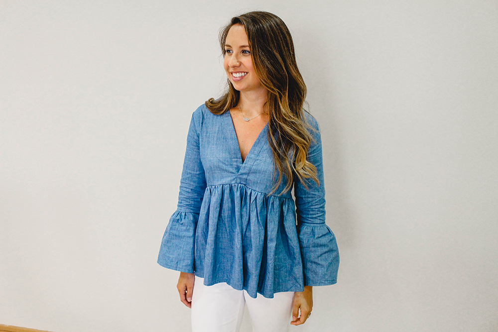 bell sleeve chambray top
